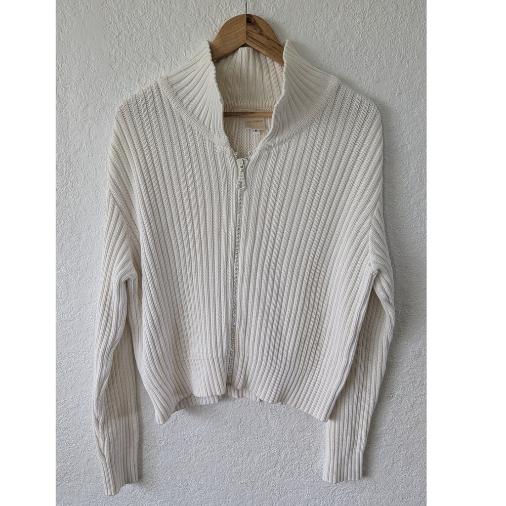 Von Saken Womens Cream Ribbed Cotton Full Zip Rhinestone‎ Cardigan Sweater M USA